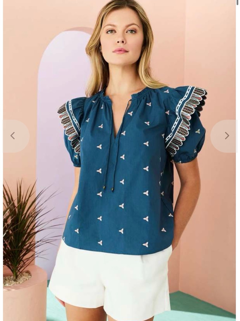 Marie Oliver Teal Embroidered Flutter-Sleeve Blouse